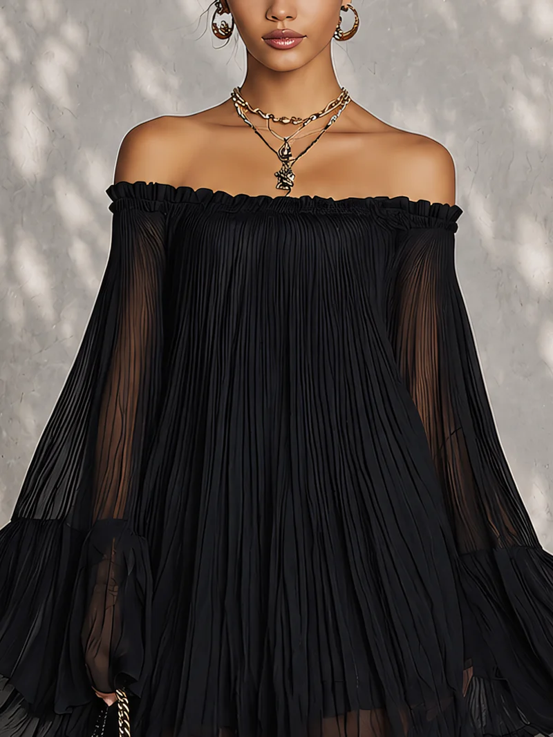 Zélie | Mini Schwarz Kleid, Glockenärmel und Rüschen