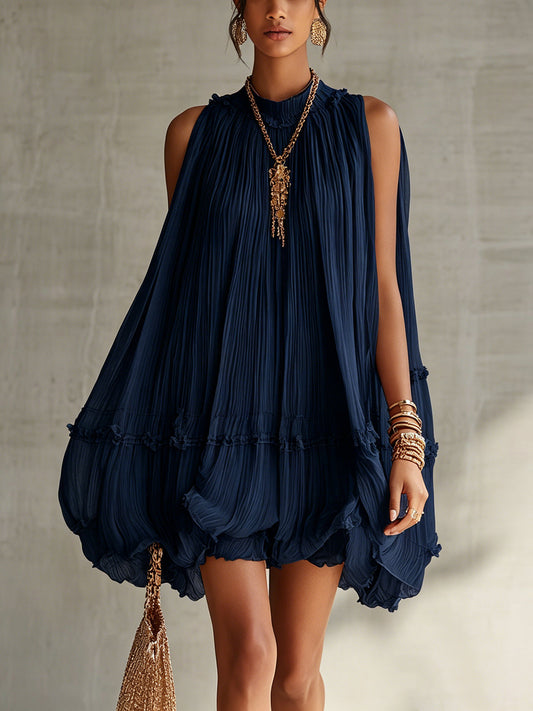 Océane | Mini Kleid mit Rüschen, Halsband, Marineblau