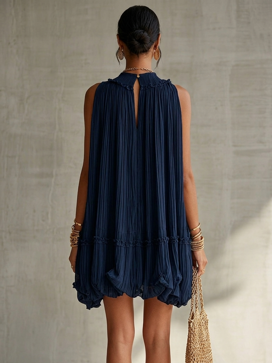 Océane | Mini Kleid mit Rüschen, Halsband, Marineblau