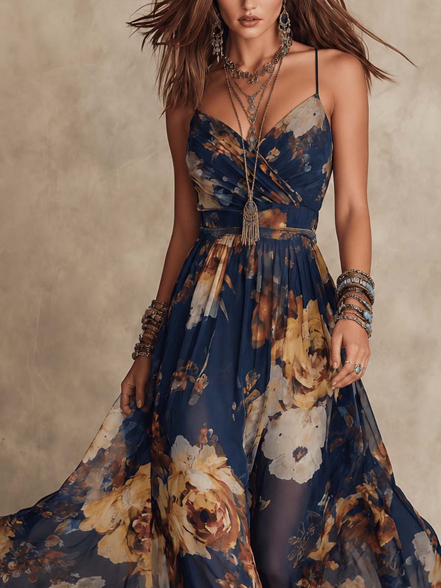 Adrienne | Maxikleid aus Marineblauem Chiffon mit Blumenmuster und feinen Trägern