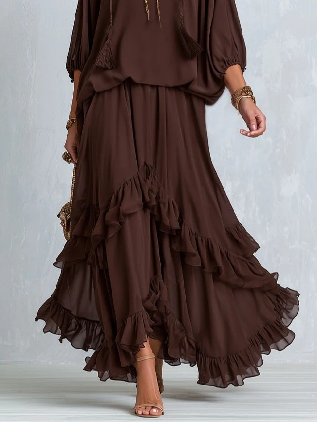 Ondine | Ensemble Oberteil aus braunem Chiffon mit Fransen und schwingendem Rock