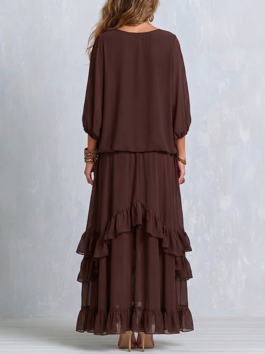 Ondine | Ensemble Oberteil aus braunem Chiffon mit Fransen und schwingendem Rock