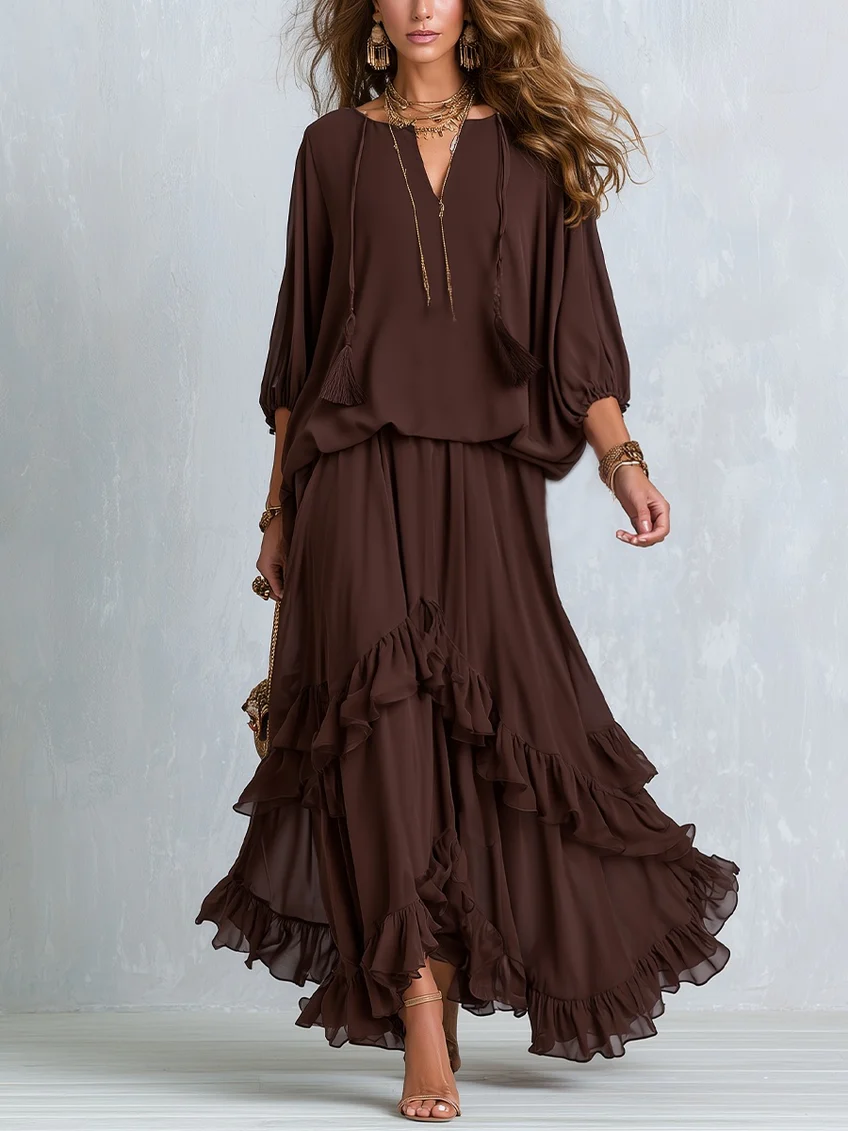 Ondine | Ensemble Oberteil aus braunem Chiffon mit Fransen und schwingendem Rock