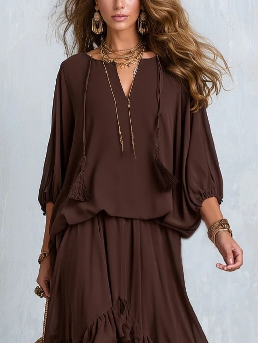 Ondine | Ensemble Oberteil aus braunem Chiffon mit Fransen und schwingendem Rock