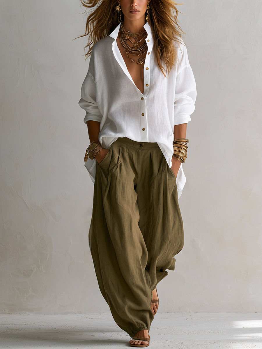Capucine | Weite Weiße Bluse und Olivgrüne Lantern-Hose