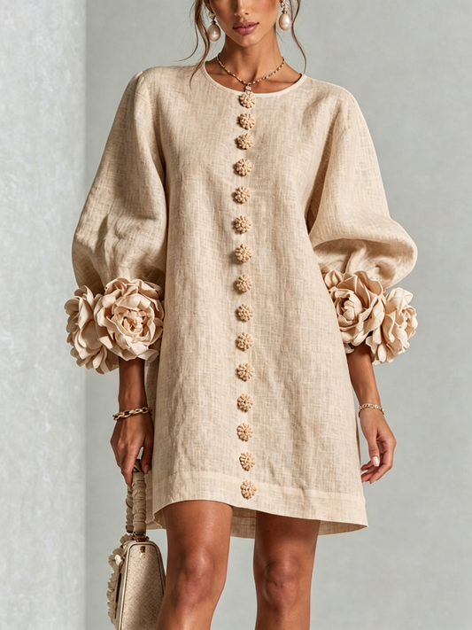 Blumenkleid mit Statement-Ärmeln – Beige