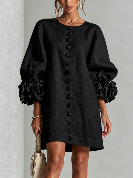 Blumenkleid mit Statement-Ärmeln – Schwarz