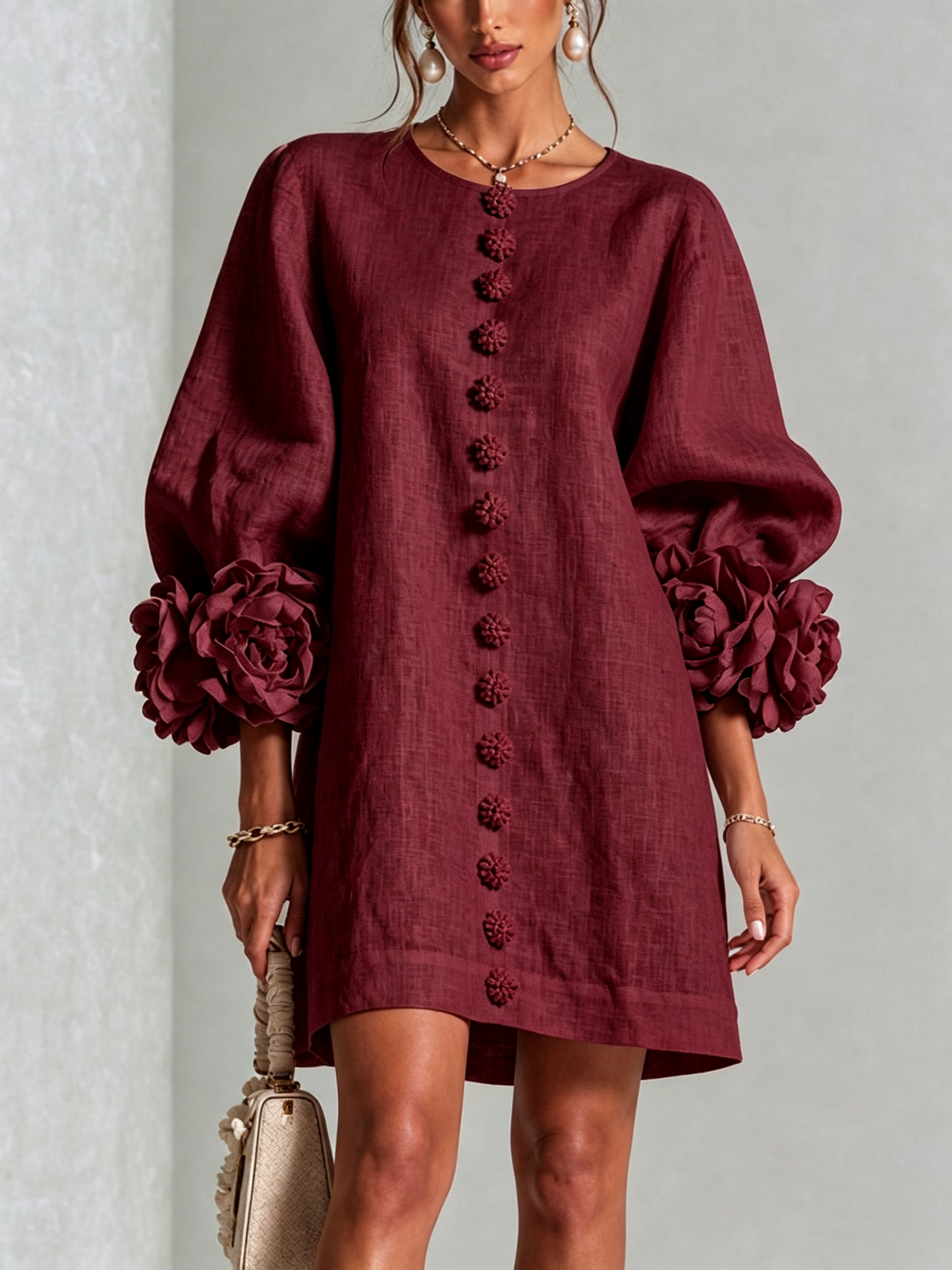 Weißes Blumendesign Hemdblusenkleid mit auffälligen Blumenknöpfen
