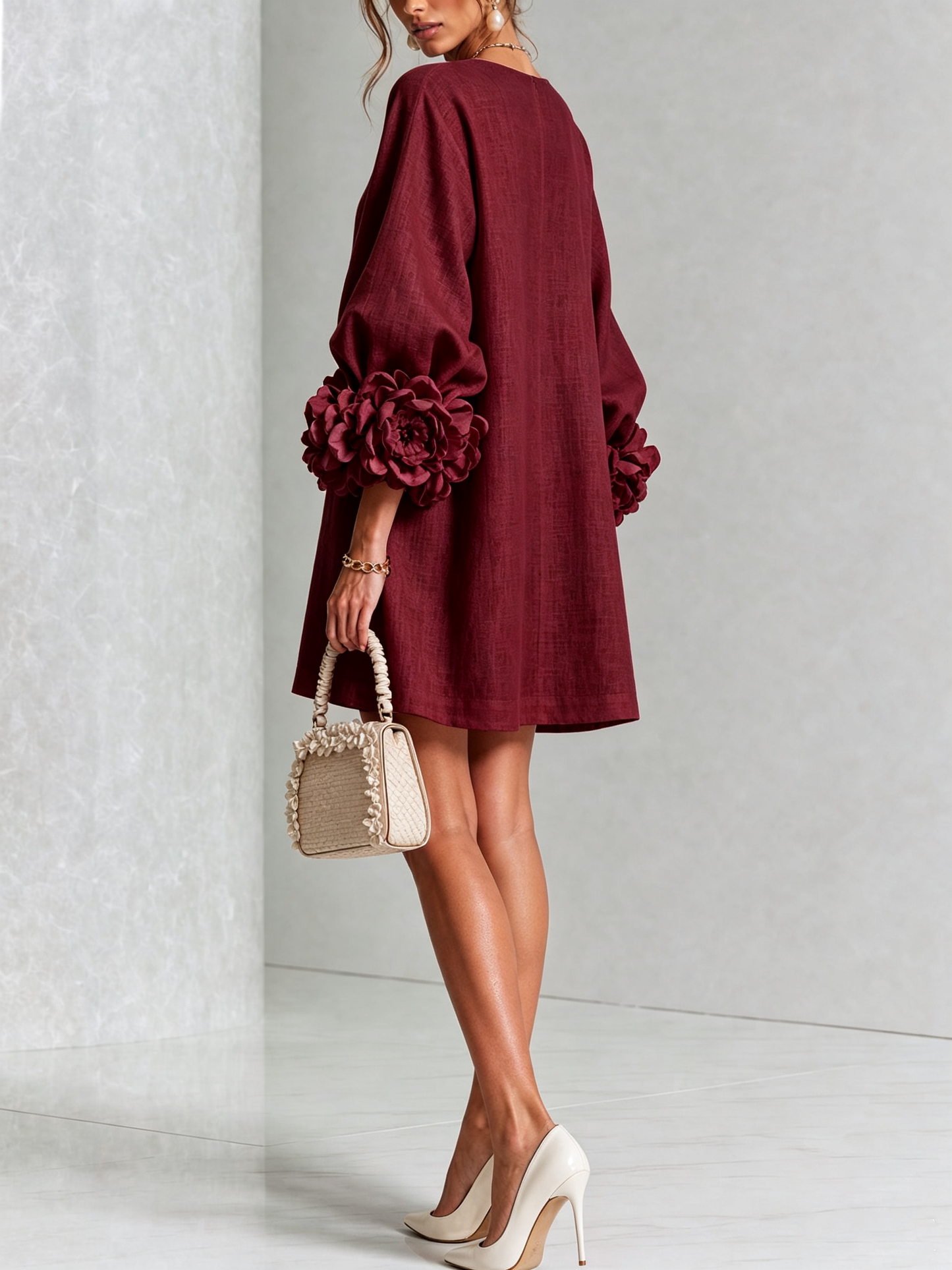 Weißes Blumendesign Hemdblusenkleid mit auffälligen Blumenknöpfen