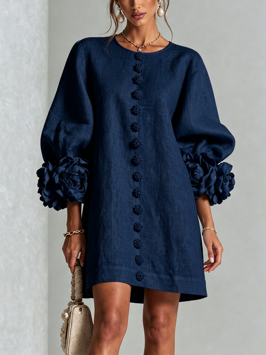 Blumenkleid mit Statement-Ärmeln – Marineblau
