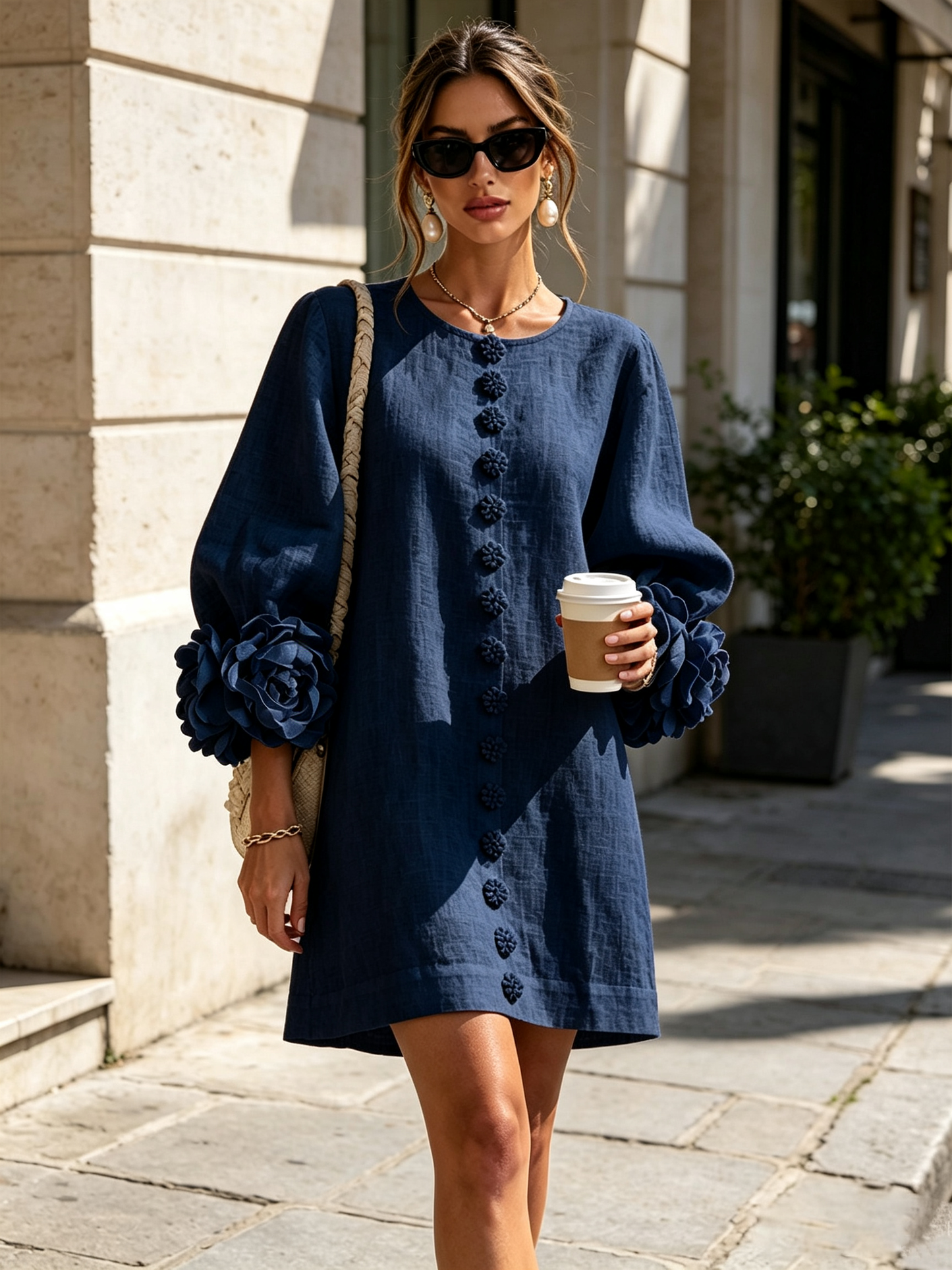 Weißes Blumendesign Hemdblusenkleid mit auffälligen Blumenknöpfen