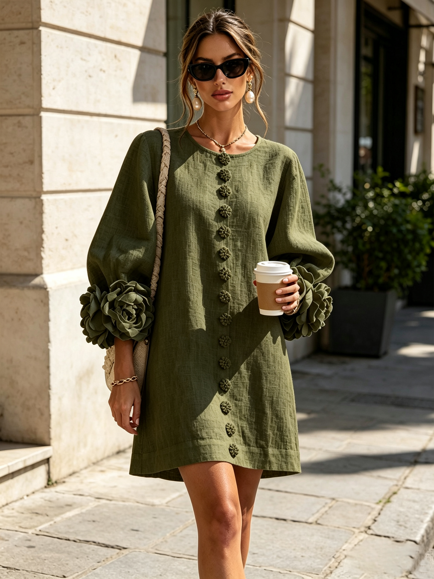 Blumenkleid mit Statement-Ärmeln – Oliv