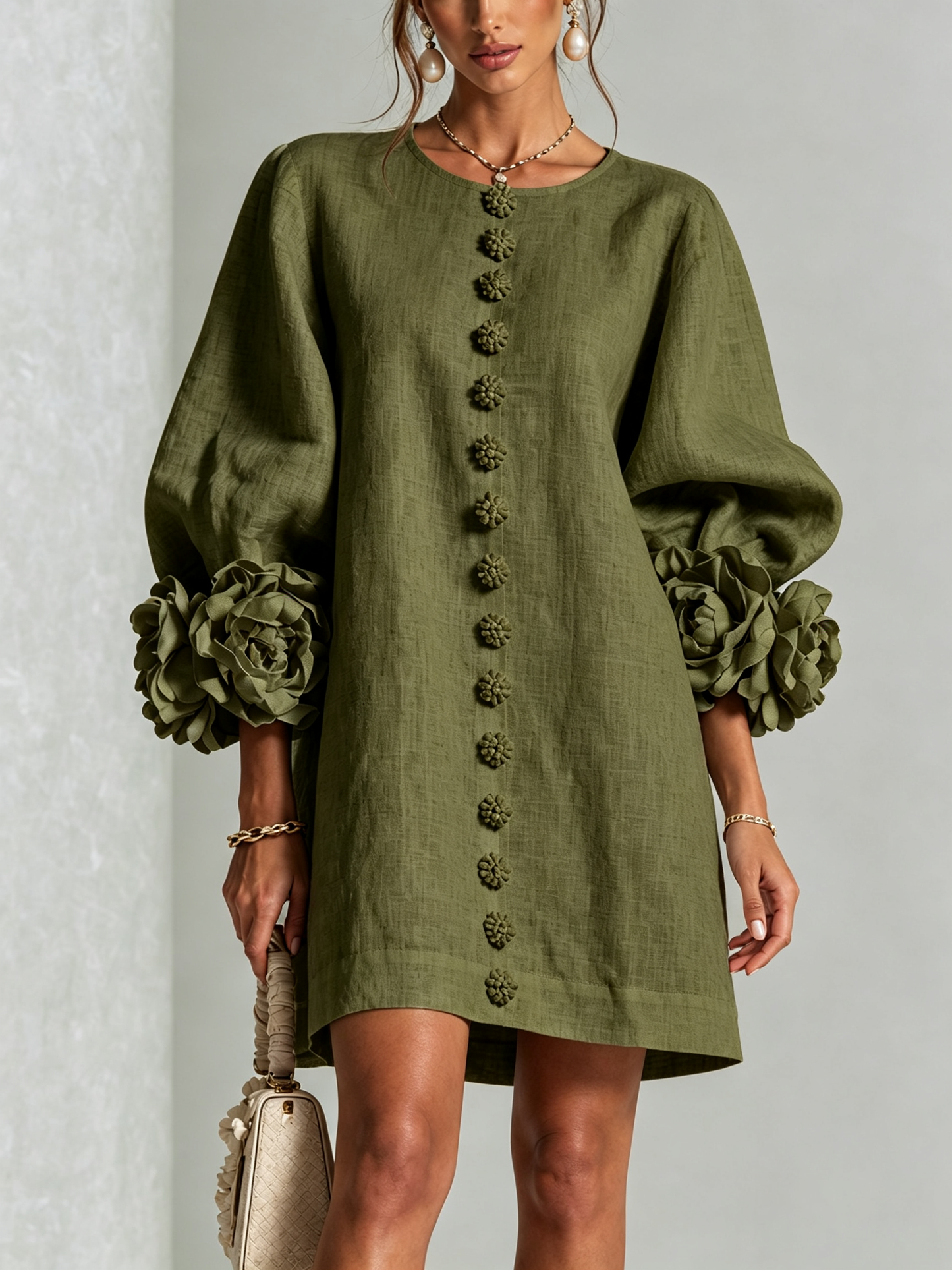 Weißes Blumendesign Hemdblusenkleid mit auffälligen Blumenknöpfen