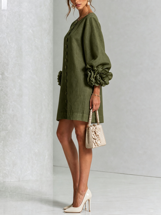 Blumenkleid mit Statement-Ärmeln – Oliv