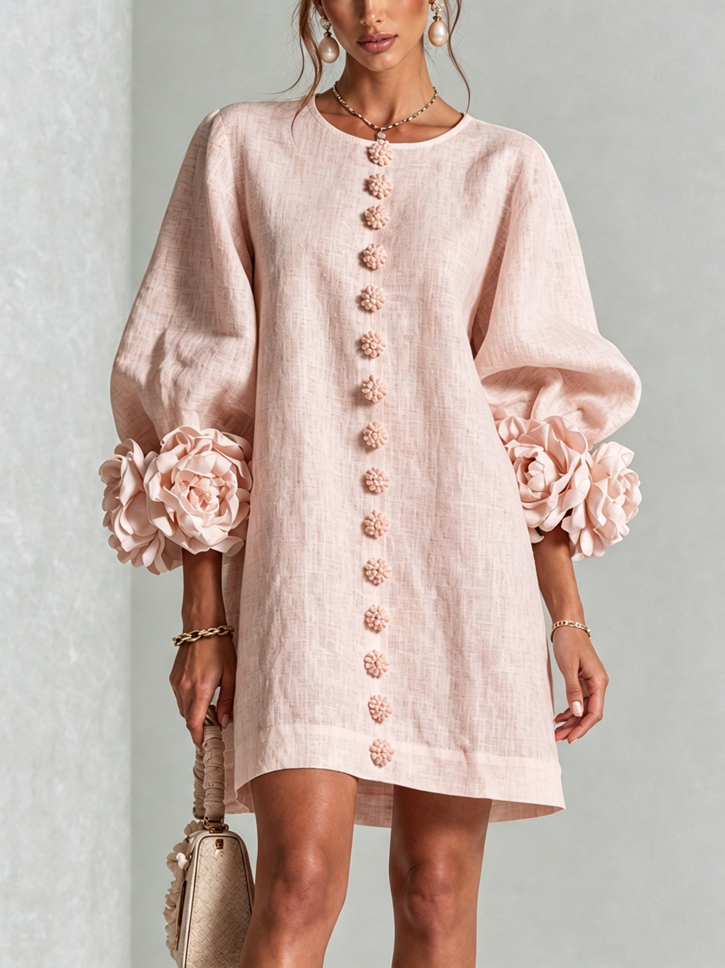 Weißes Blumendesign Hemdblusenkleid mit auffälligen Blumenknöpfen