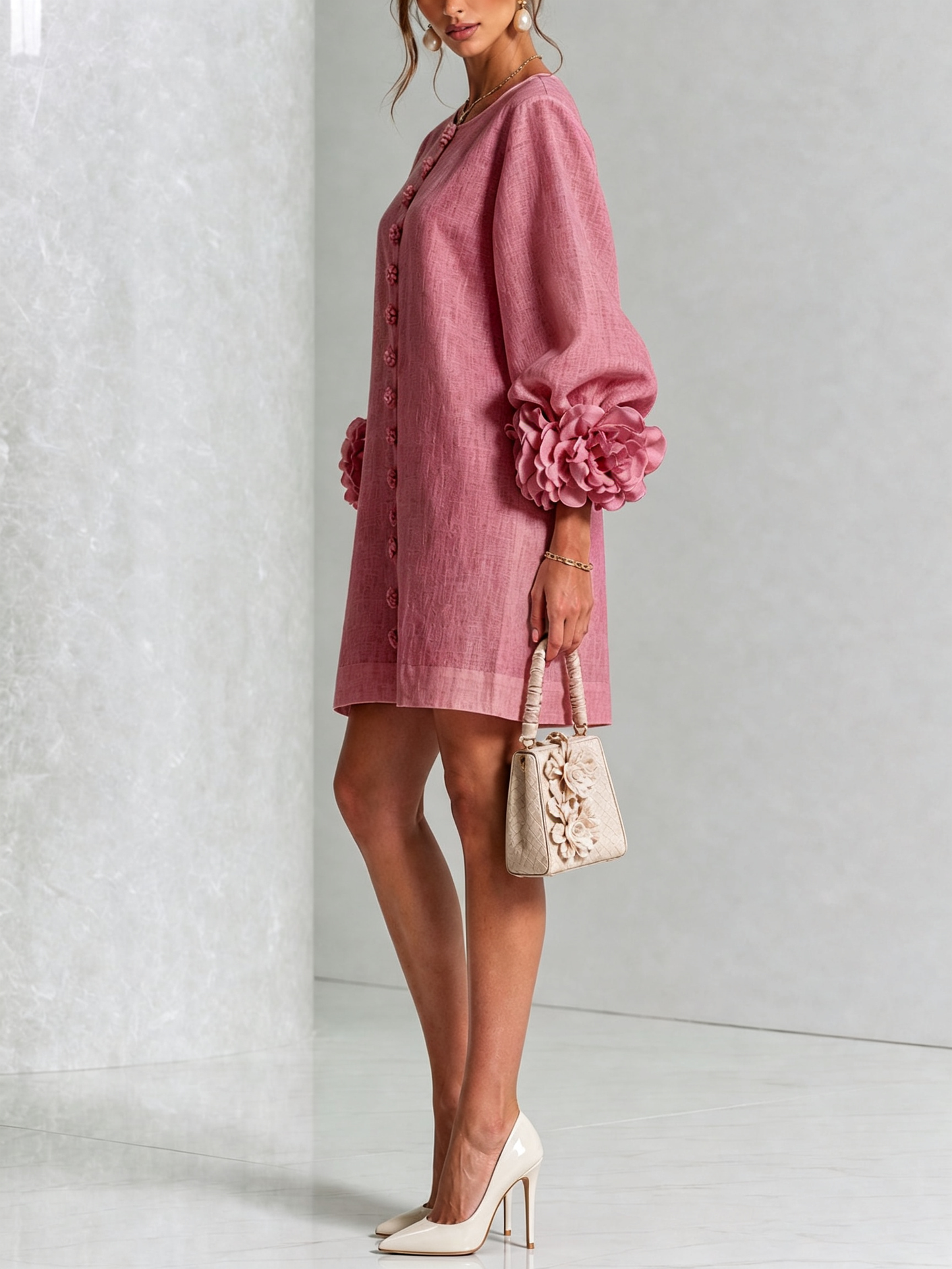 Blumenkleid mit Statement-Ärmeln – Rosa