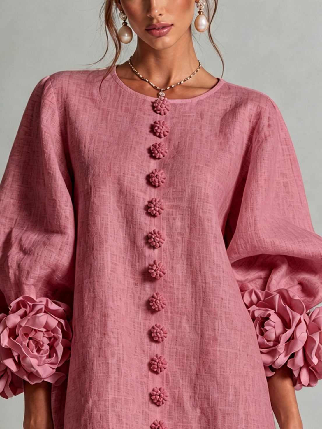 Blumenkleid mit Statement-Ärmeln – Rosa