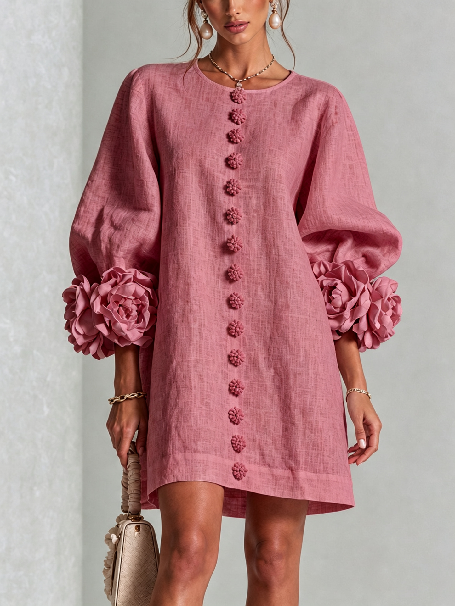 Blumenkleid mit Statement-Ärmeln – Rosa