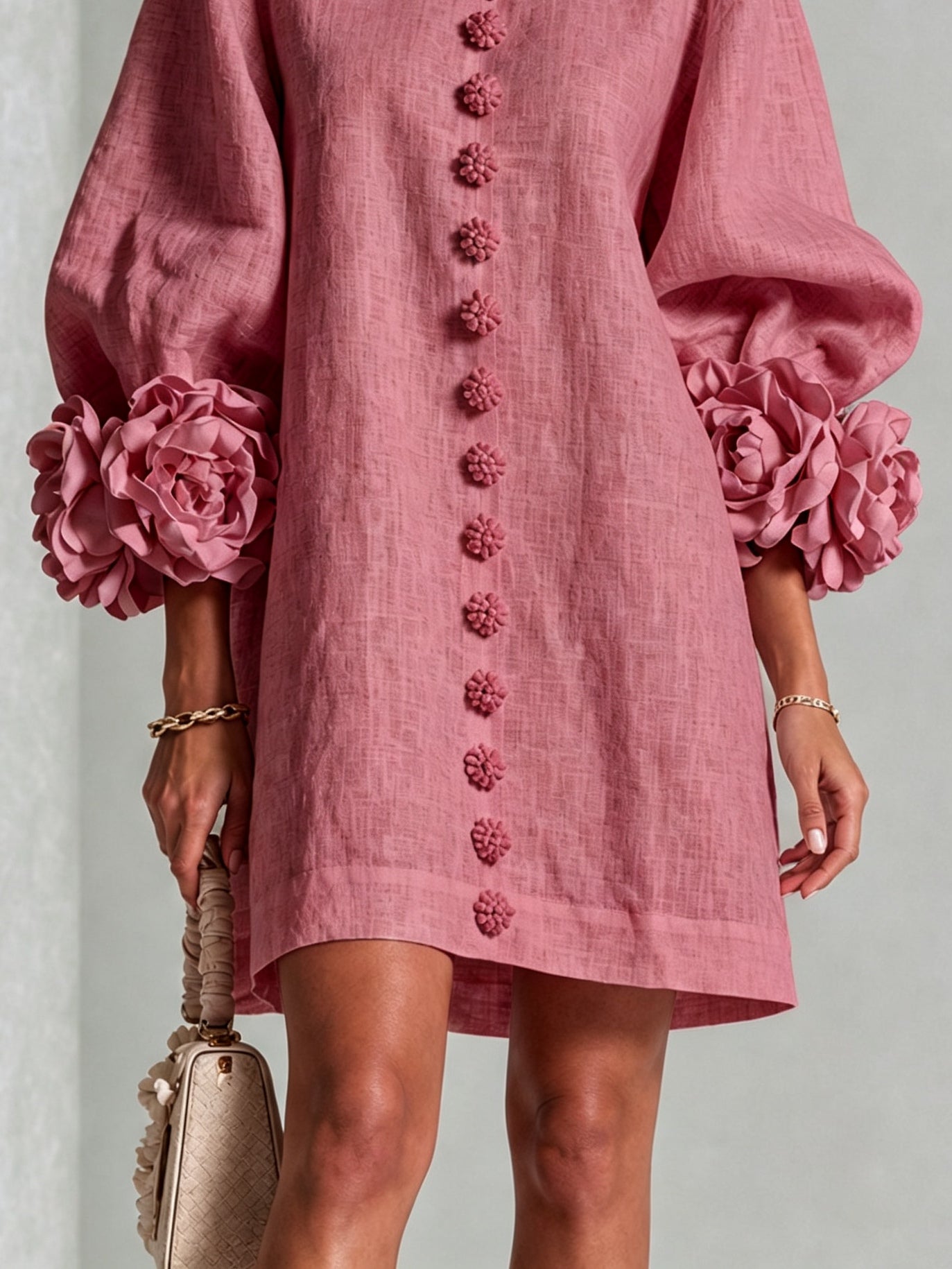Blumenkleid mit Statement-Ärmeln – Rosa