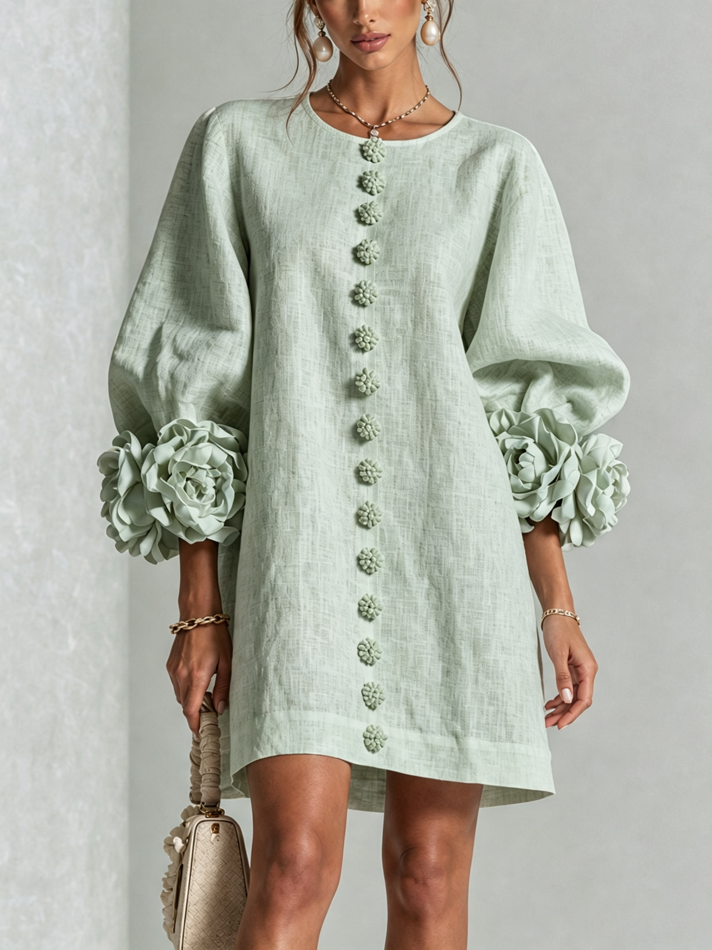 Weißes Blumendesign Hemdblusenkleid mit auffälligen Blumenknöpfen