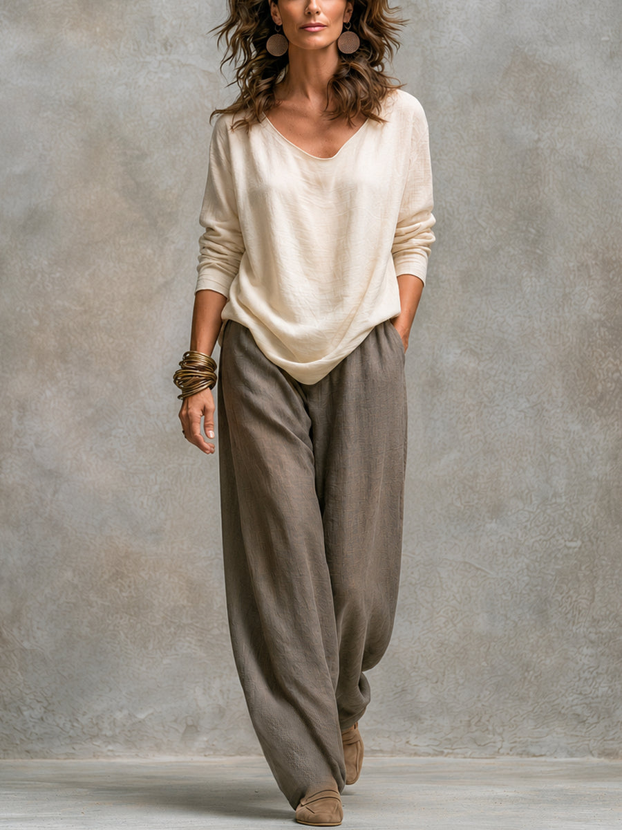 Constance | Ensemble Drei Teile Beige und Grau, Lässig mit Schichten, mit Palazzo-Hose, Elegant