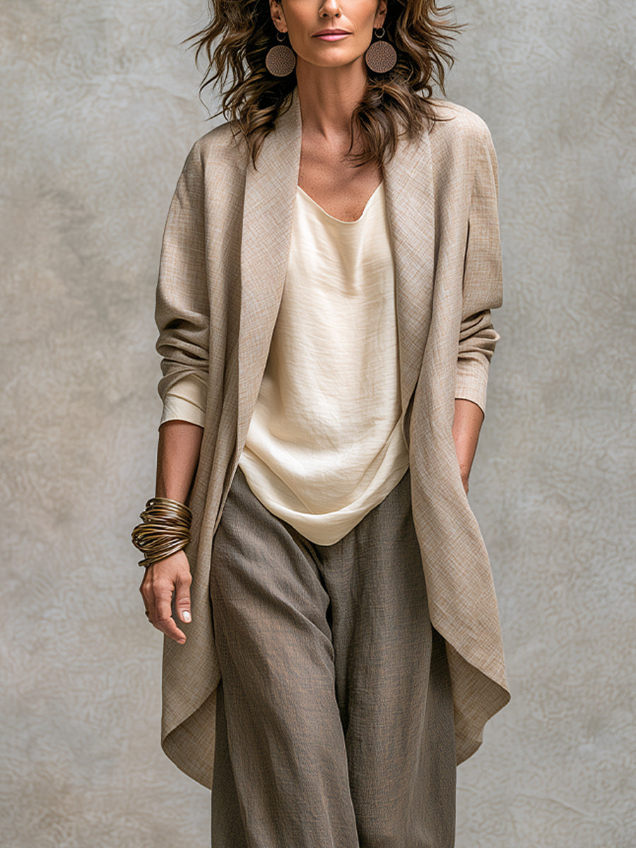 Constance | Ensemble Drei Teile Beige und Grau, Lässig mit Schichten, mit Palazzo-Hose, Elegant