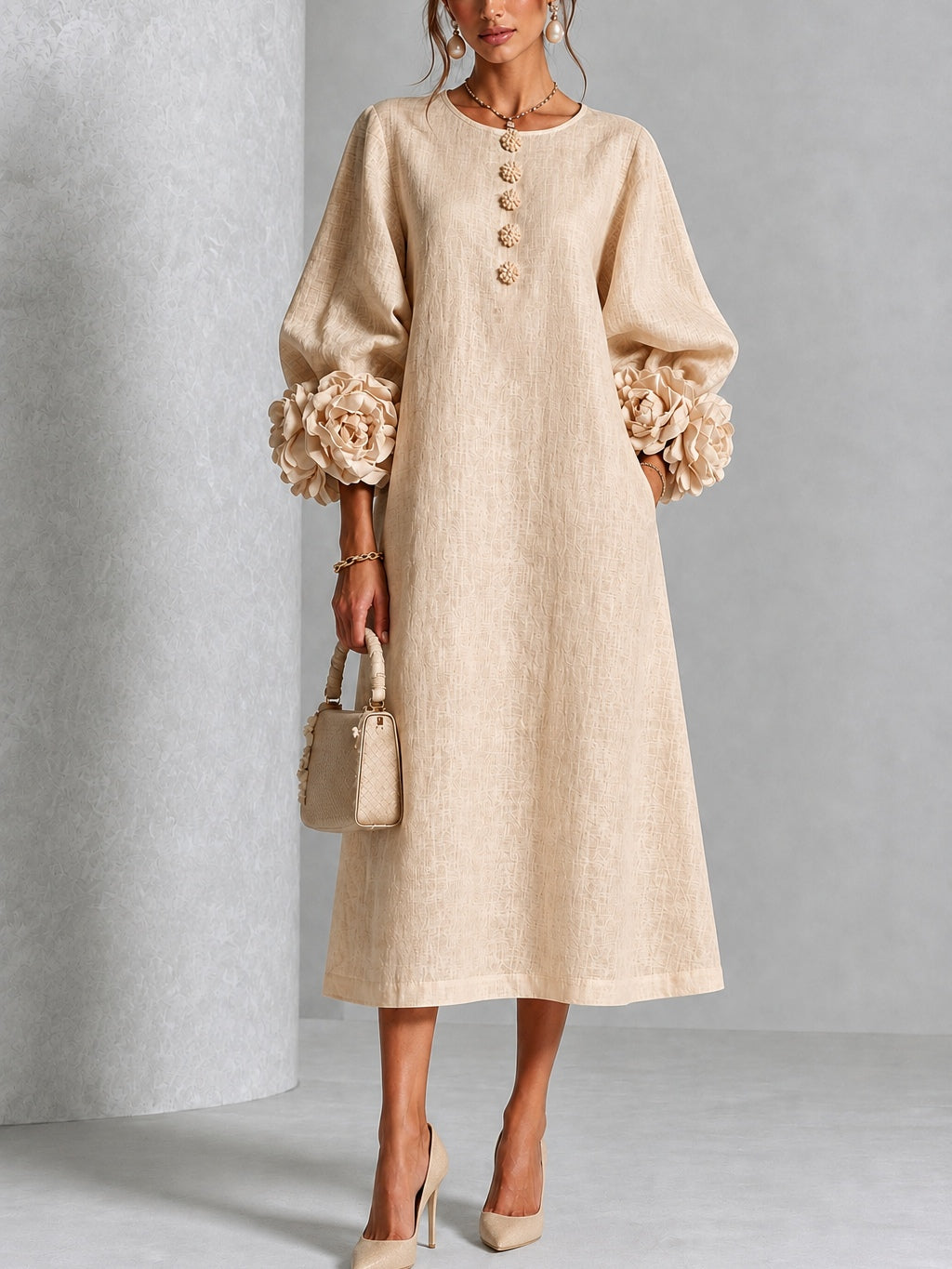 Beige Blumen Button-down Midi Kleid mit auffälligen Blumenmanschetten