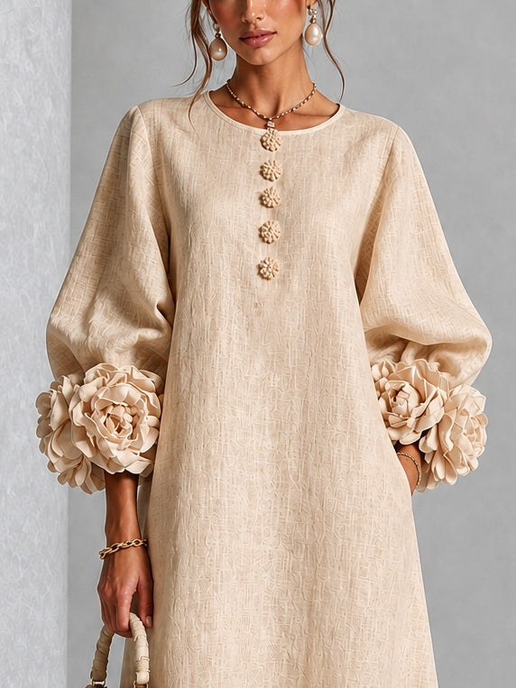 Beige Blumen Button-down Midi Kleid mit auffälligen Blumenmanschetten