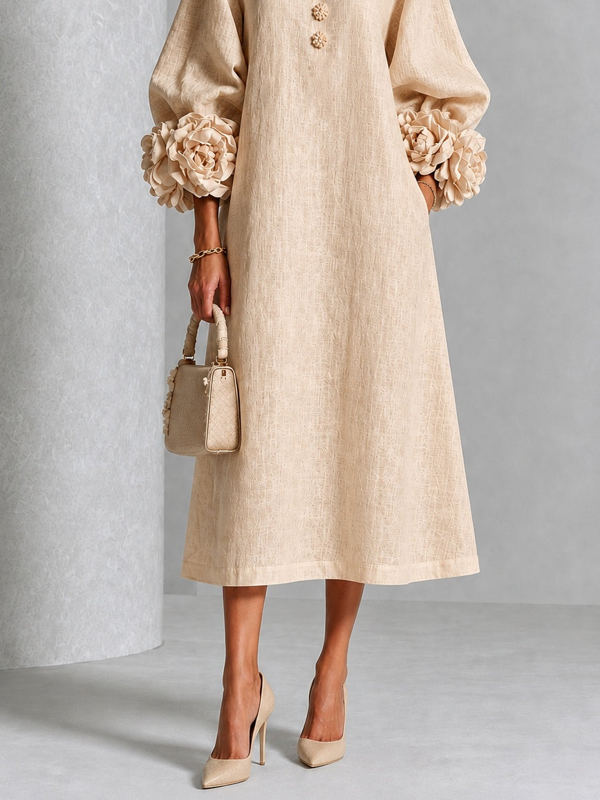 Beige Blumen Button-down Midi Kleid mit auffälligen Blumenmanschetten
