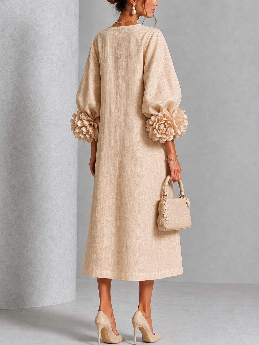 Beige Blumen Button-down Midi Kleid mit auffälligen Blumenmanschetten