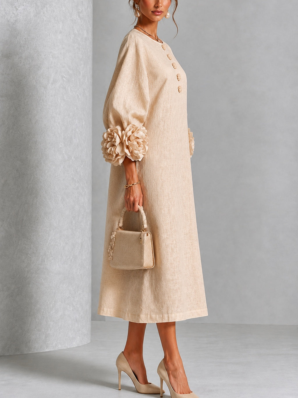 Beige Blumen Button-down Midi Kleid mit auffälligen Blumenmanschetten