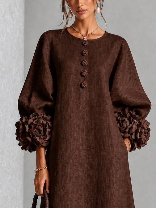Schokoladenbraunes Blumendesign Midi-Kleid mit auffälligen Blumenkoffern