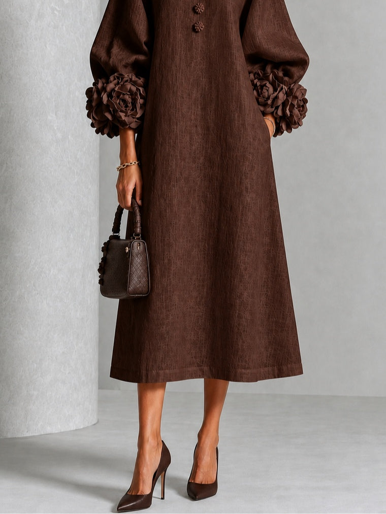 Schokoladenbraunes Blumendesign Midi-Kleid mit auffälligen Blumenkoffern