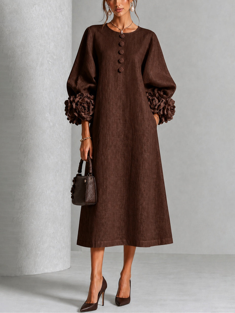 Schokoladenbraunes Blumendesign Midi-Kleid mit auffälligen Blumenkoffern