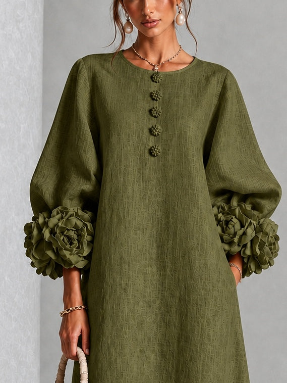 Olivenfarbenes Floral Button-down Midi-Kleid mit auffälligen Blumenmanschetten