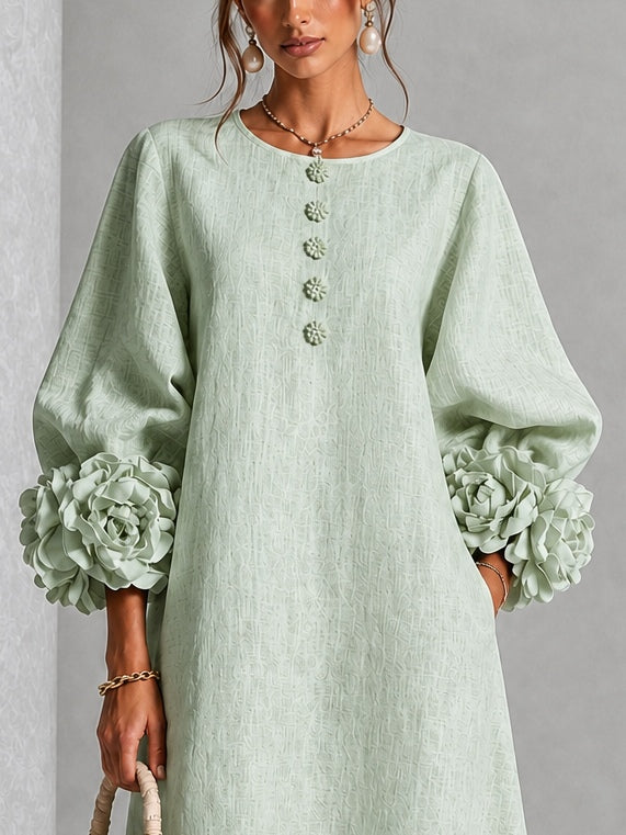 Sage Mist Floral Button-down Midi Kleid mit auffälligen Blumenkämpfen