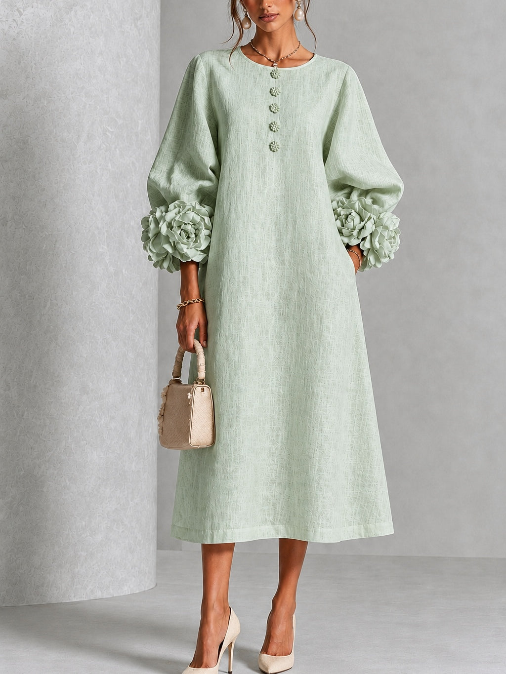 Sabine | Knopfblumen Kleid in Salbeigrün