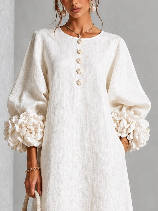 Weißes Floral Button-down Midi-Kleid Mit Auffälligen Floralärmeln