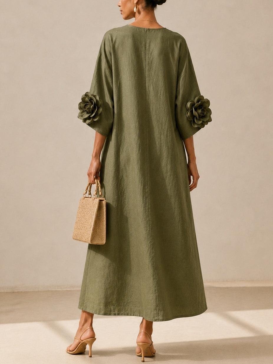 Aurélie | Midi Kleid in Olivgrün mit V-Ausschnitt und extravaganten Blumenärmeln