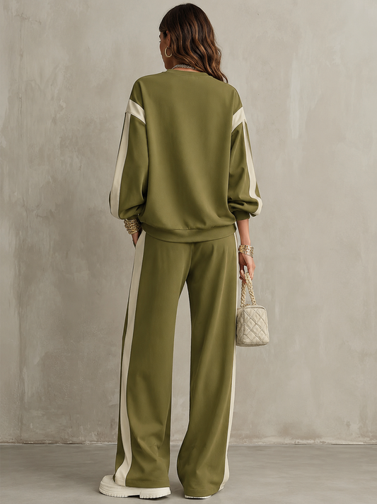 Solange | Sweatshirt in Olivgrün mit Rundhalsausschnitt und Weit geschnittene Hose, Lässiges Set