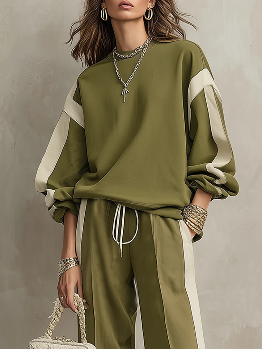 Solange | Sweatshirt in Olivgrün mit Rundhalsausschnitt und Weit geschnittene Hose, Lässiges Set