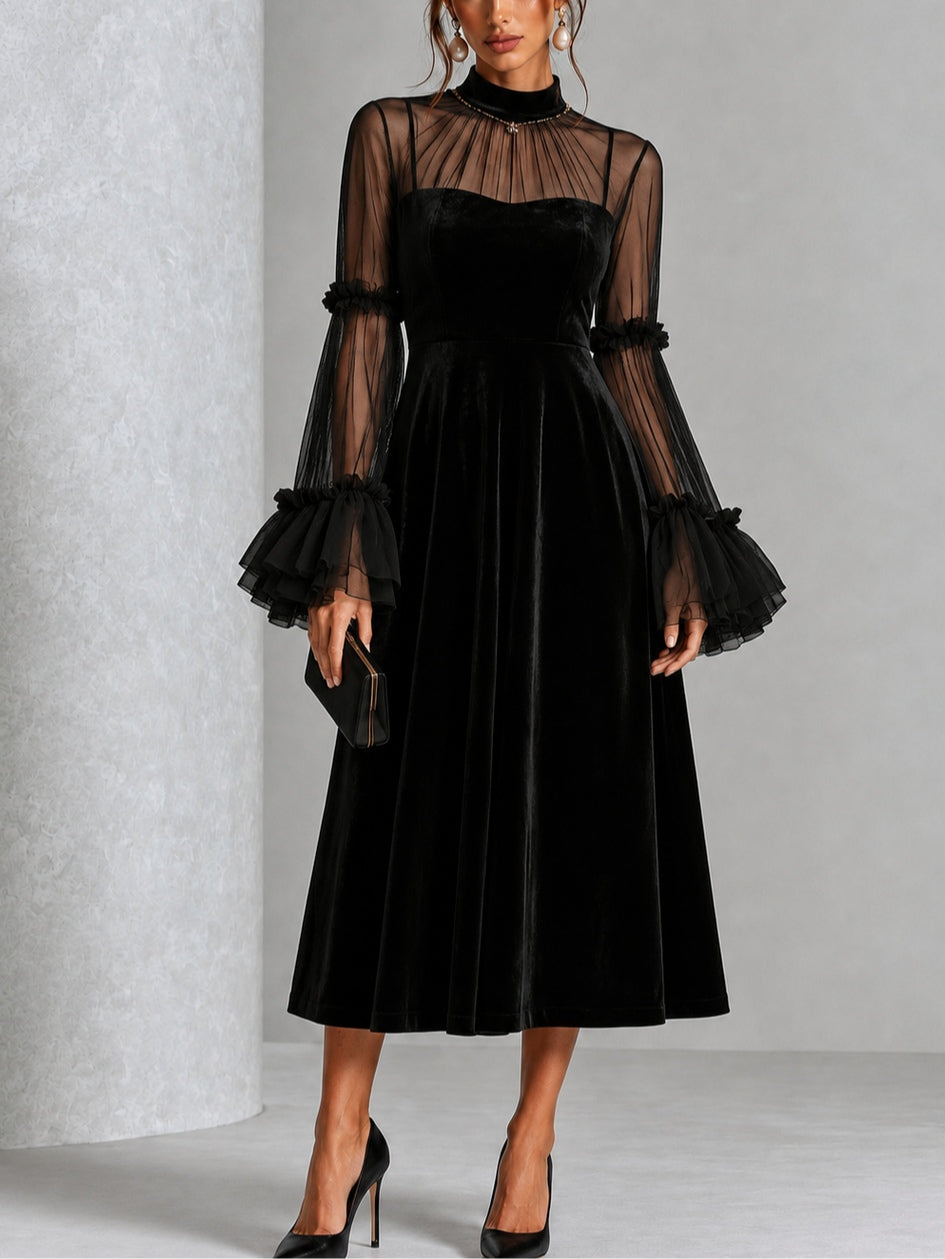 Schwarzes Samt- und durchscheinendes Mesh-Midi-Kleid mit Falten