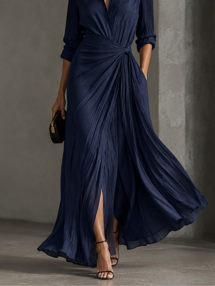 Gabrielle | Elegantes Maxikleid aus Marineblauem Hemdenstoff mit Knotendetail