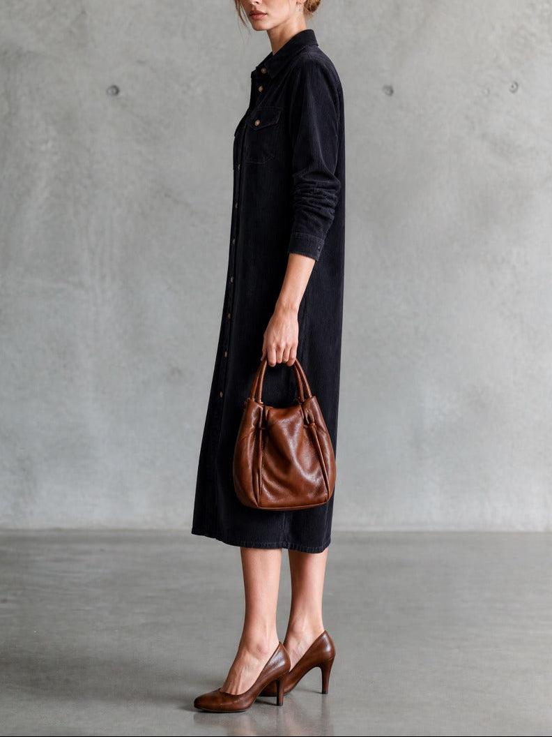 Navy Corduroy Loose-Fit Midi Hemdkleid mit doppelten Brusttaschen