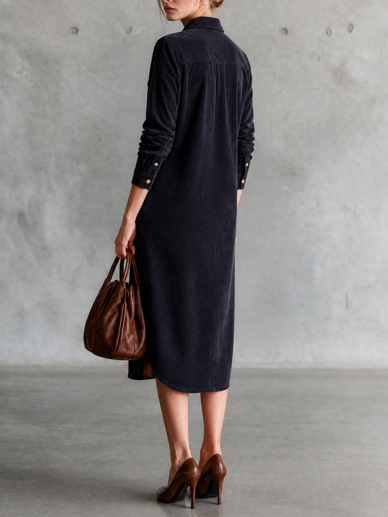 Navy Corduroy Loose-Fit Midi Hemdkleid mit doppelten Brusttaschen