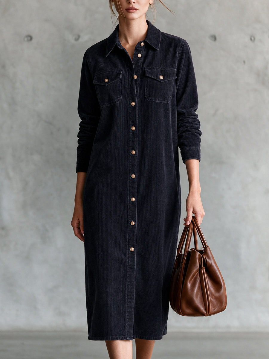 Navy Corduroy Loose-Fit Midi Hemdkleid mit doppelten Brusttaschen