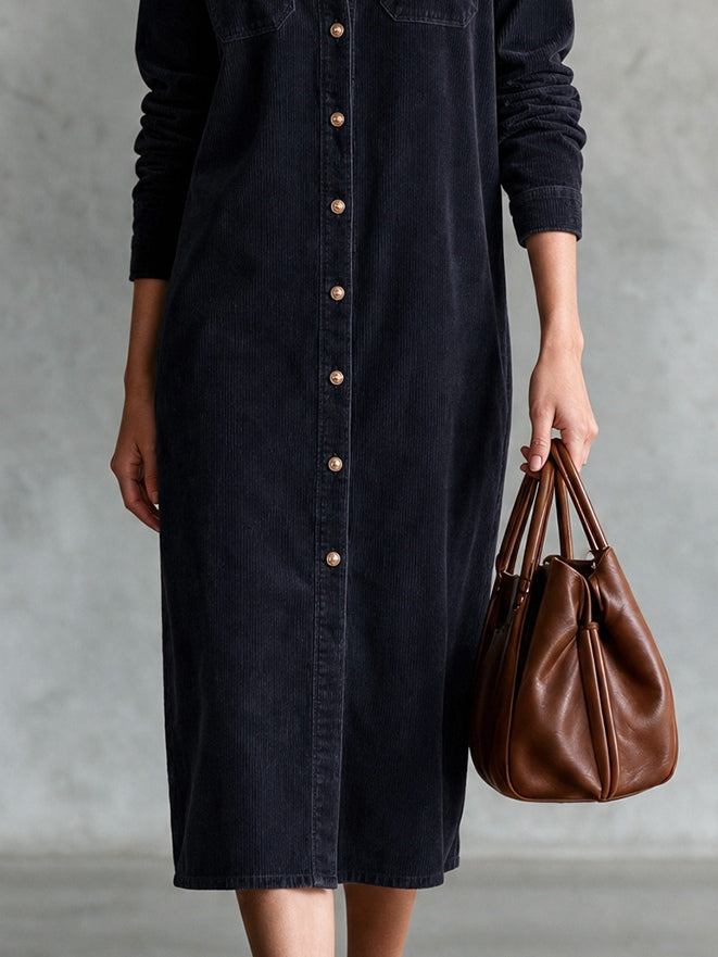 Navy Corduroy Loose-Fit Midi Hemdkleid mit doppelten Brusttaschen