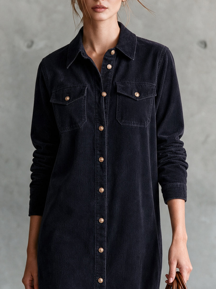Navy Corduroy Loose-Fit Midi Hemdkleid mit doppelten Brusttaschen