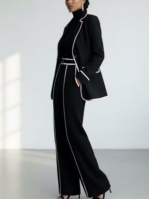 Claudine | Zweiteiliges Ensemble Blazer mit Kontrast-Paspel in Schwarz und weitem Hosen