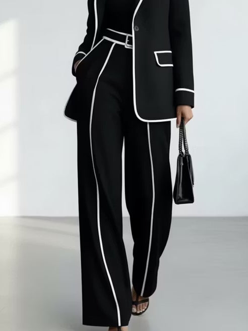 Claudine | Zweiteiliges Ensemble Blazer mit Kontrast-Paspel in Schwarz und weitem Hosen